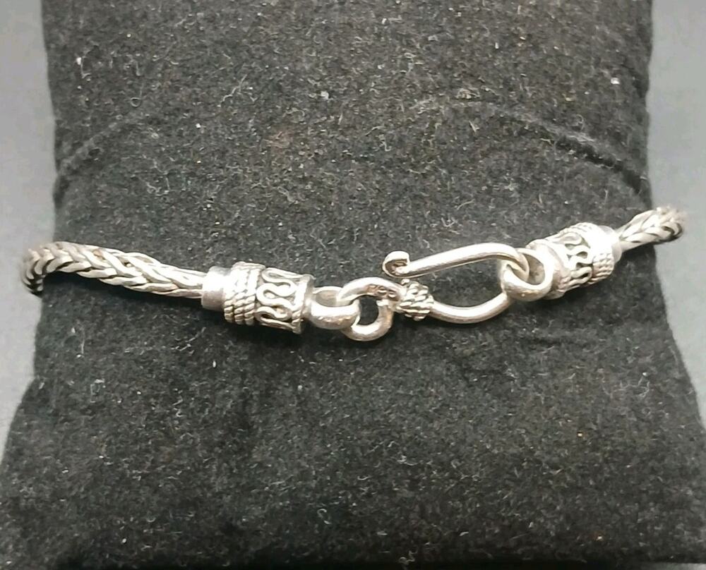 VTG Bali 925 Silver Woven Wheat Chain Bracelet - Oxidized S-Hook Clasp 15 Grams